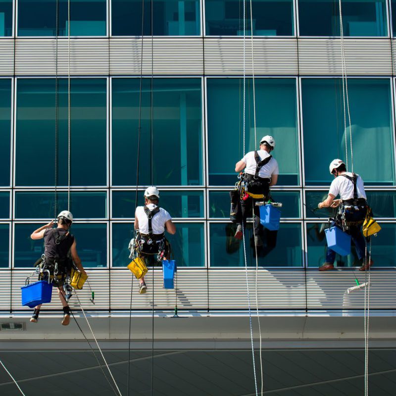Reinigungsteam hängt an einer Häuserfassade und reinigt die Fenster.